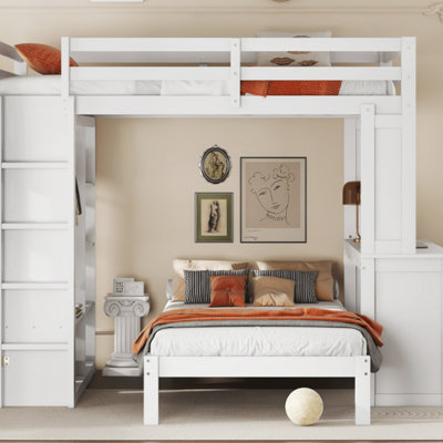 Full XL/Full Over Twin Bunk Bed With Dismountable Lower Bed And Desk, Solid Wood Bunk Beds Frame With Built-In Shelves And Wardrobe, Can Be Converted Into Loft Bed