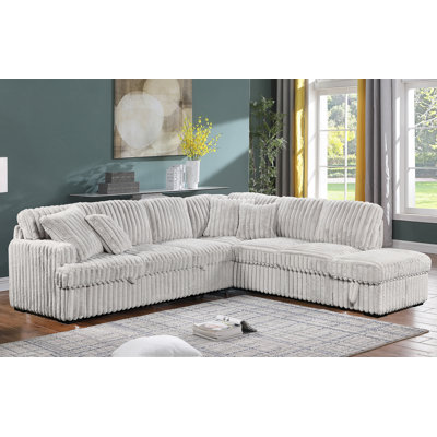 Corduroy L-Shaped Sectional Sofa With Pull-Out Bed And Storage Ottoman, Gray, For Living Room Comfort And Functionality