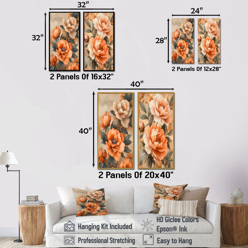 Collection pivoines pivoines d'automne - Collection de 2 panneaux sur toiles florales, H 28 po x l 25 po, Cadre flottant brun