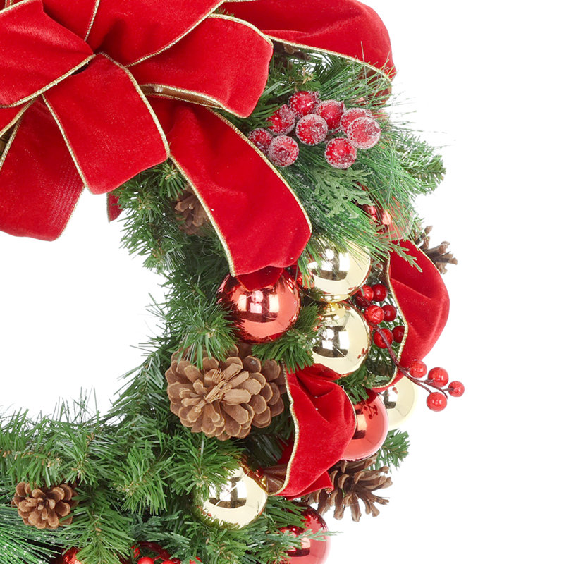 26"Evergreen Wreath With Berries, Balls, Cones And Red Bow