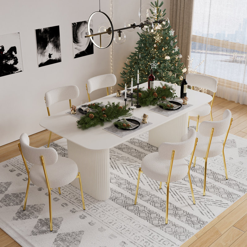 Ensemble de salle à manger rectangulaire à double piédestal avec table de salle à manger de style crème, Blanc, 7