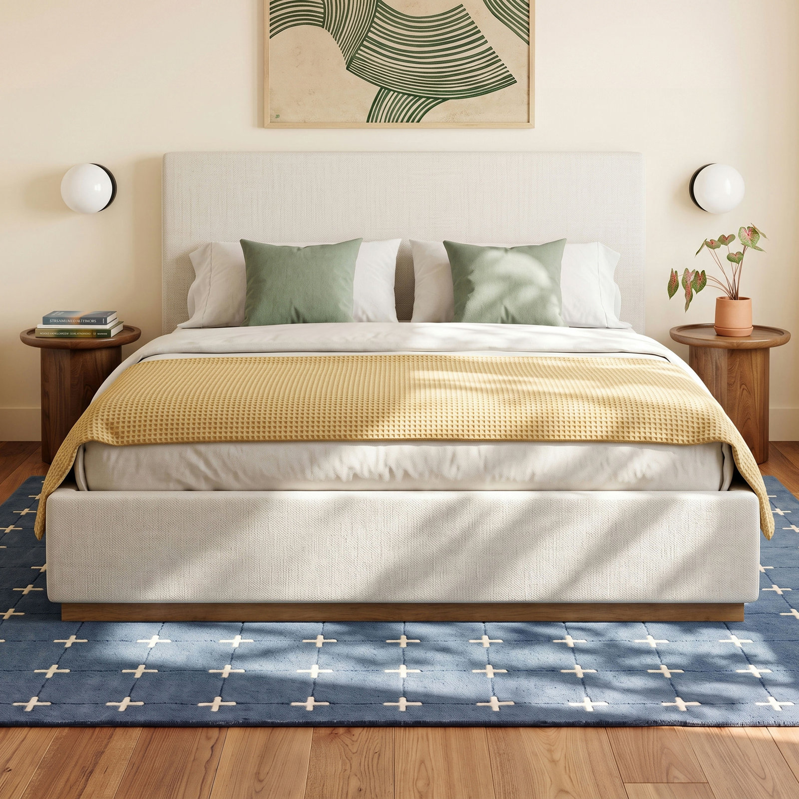 Citori Linen Upholstered Bed, King, Cream Linen Textured Fabric