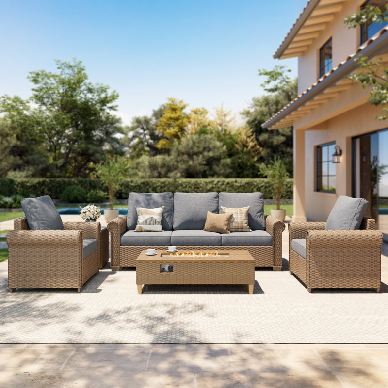 5 - Person Outdoor Wicker Patio Conversation Furniture Set With Fire Pit Table, Gray, 5 Pcs: 2 Tables, Sofa, 2 Chairs