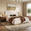 Très grand lit plateforme pour chambre à coucher, base en bois massif recouvert de lin beige doux avec tête de lit épaisse
