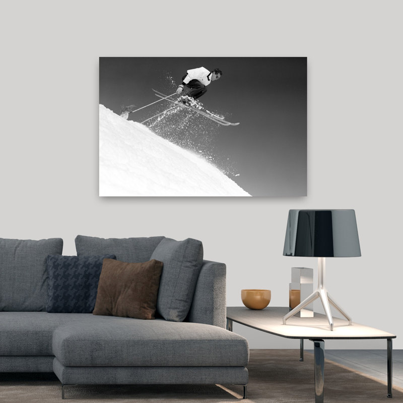 1950, homme, skieur, ski, pente, sauter, air, rétro, hiver, art rétro, H 32 po x l 48 po