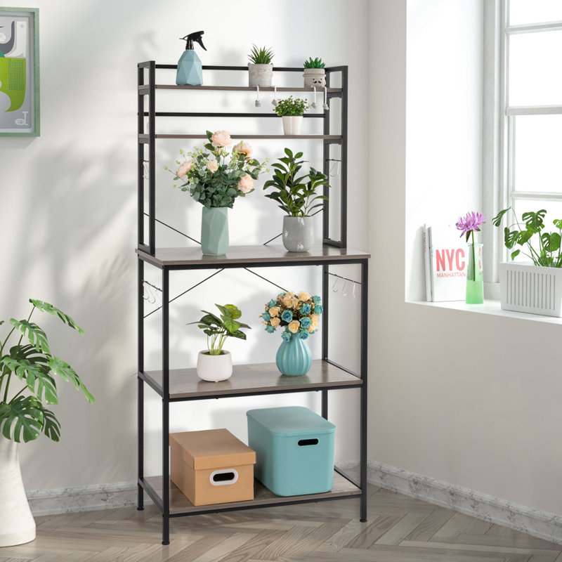 Washed Gray Industrial Metal and Wood Baker's Rack with Hooks
