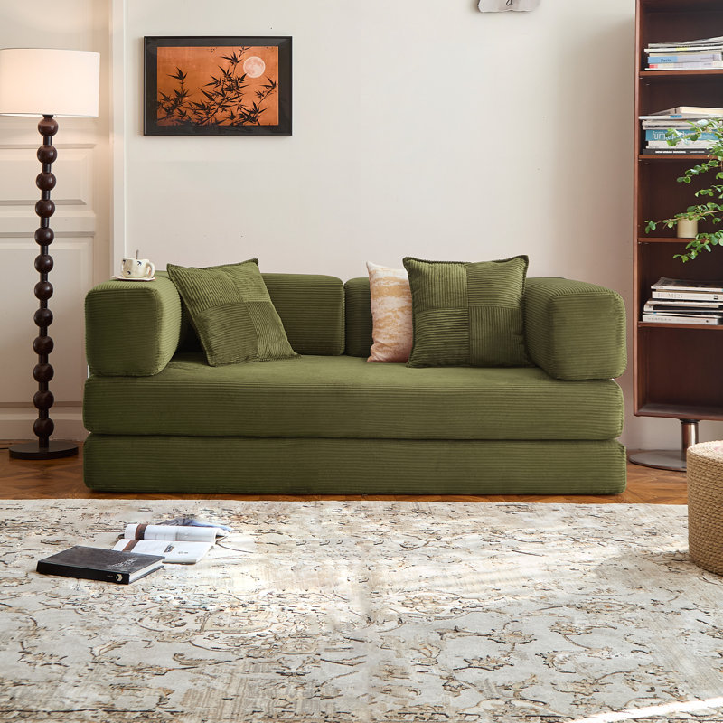 59"Fold Out Modular Sofa Bed Convertible Floor Sofa Couch Corduroy Folding Mattress Lounge Couch for Livingroom Bedroom Office No Assembly Required with Fixed-Shape Frame(Green)