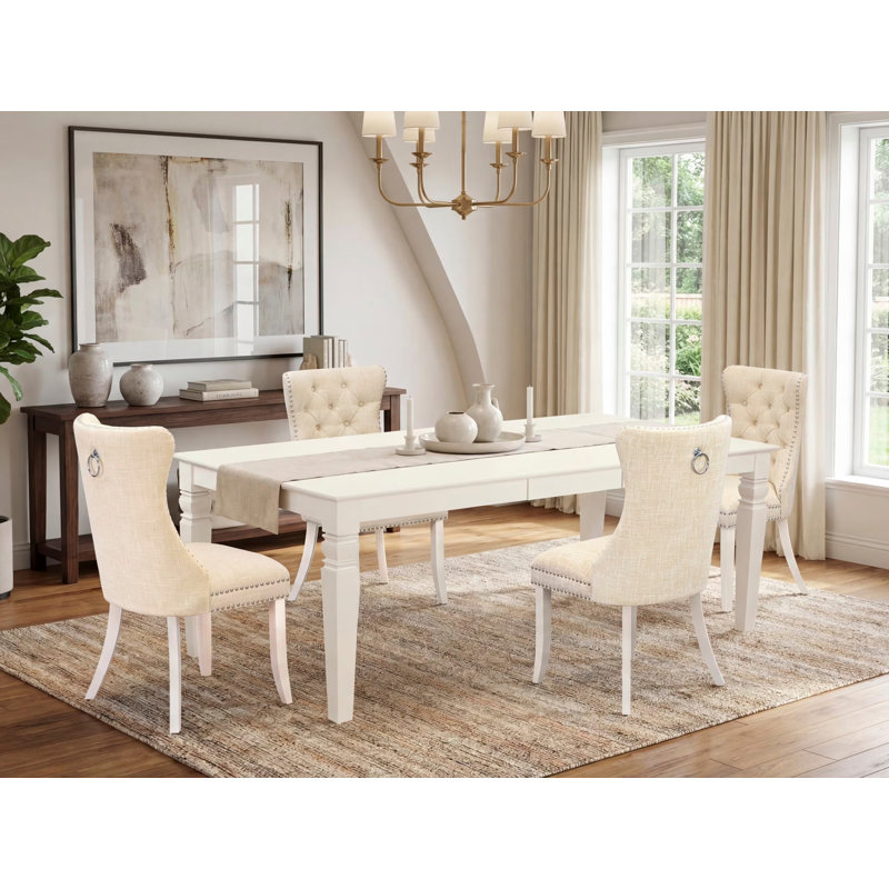 Ensemble de salle à manger 5 pièces comprenant une table rectangulaire en bois avec rallonge amovible et 4 chaises rembourrées, lin blanc
