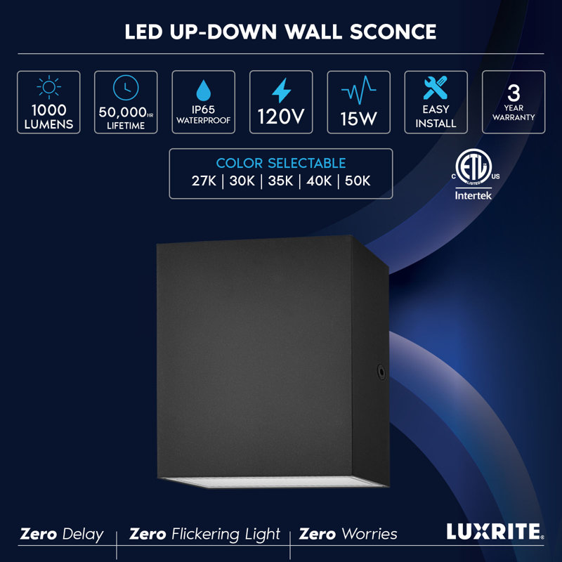Luxrite Square LED Up And Down Wall Sconces, 5 Color Options, 15W, 1000 Lumens, White 2 Pack, Black