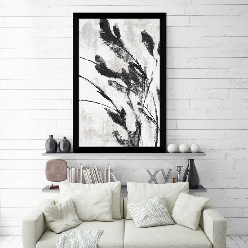 «Misty Grey Leaves I» par Lanie Loreth - Peinture, H 49,5 po x l 33,5 po x P 1 po, Cadre noir