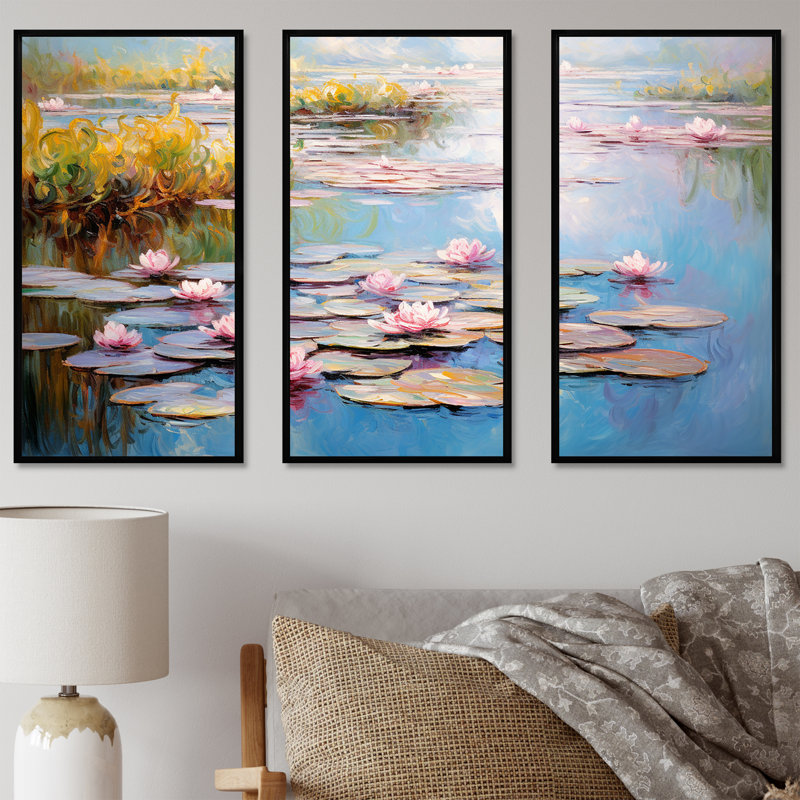 Monets Water Lily Pond Reflections 3 - Lake Wall Art, 28" H x 36" W x 1" D, Black Floater Framed