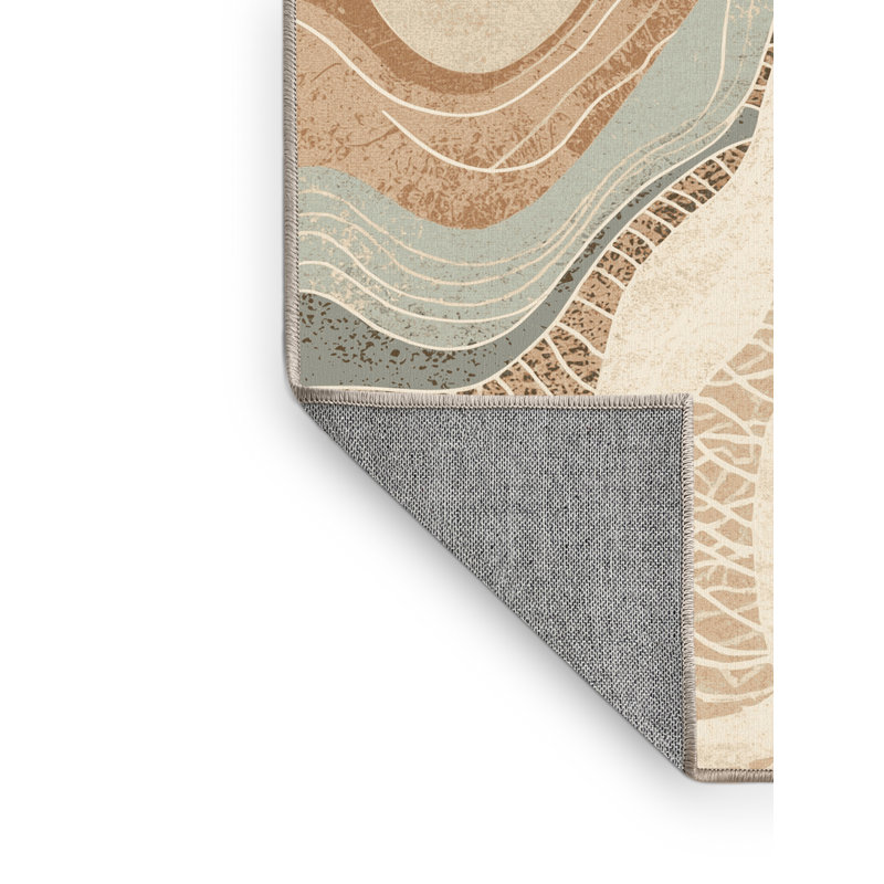 Machine Washable Pavle Coastal Abstract Rug in Beige – Beige Binding, 8 x 10