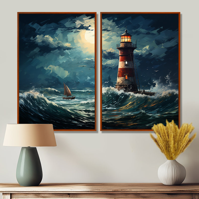 Phare de la mer orageuse 1 - art mural blanc, H 36 po x l 48 po, Reproduction encadrée sans passe-partout, Brun