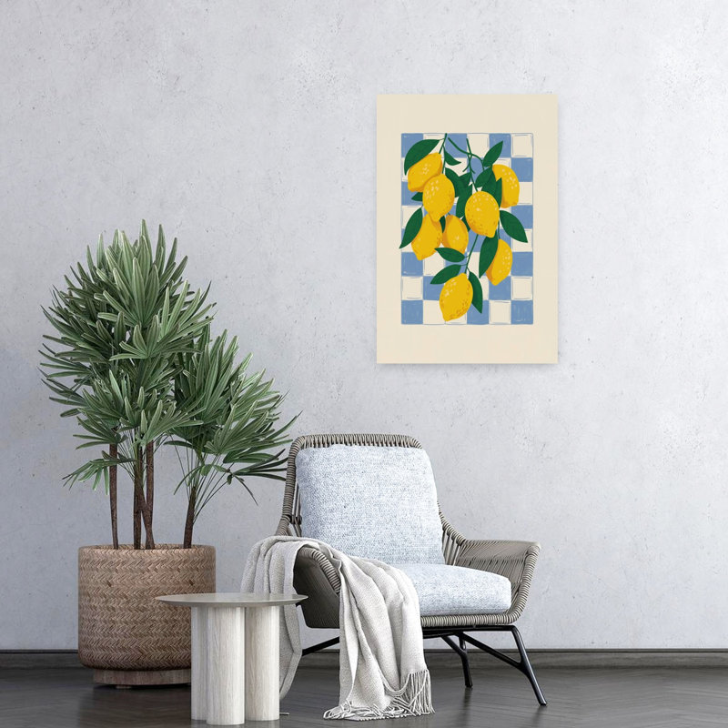 Citrons frais, art abstrait bleu à carreaux rustique, fruits et nature, H 24 po x l 16 po