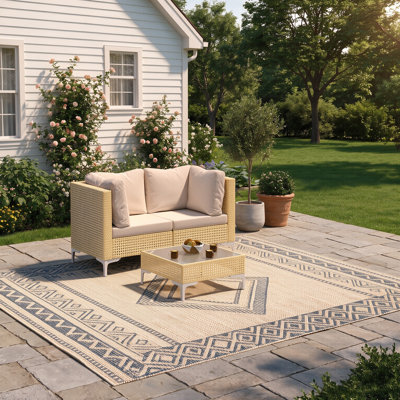 Ensemble de conversation 3 pièces en osier, canapé modulaire d'extérieur Boho avec coussins épais résistants à l'eau et table basse, jaune / beige