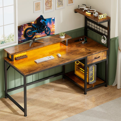 Computer Gaming Desk With Led Light & Drawers & Reversible Shelves