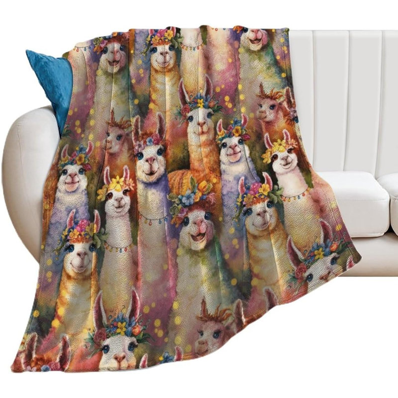 Couverture Alpaga Lama Colorée avec Couronne de Fleurs, 76 x 102 cm, 7.87" L x 9.84" W