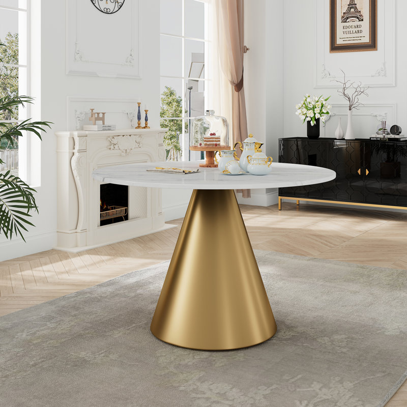 Killingworth Round Faux Marble Top Metal Base Dining Table, White