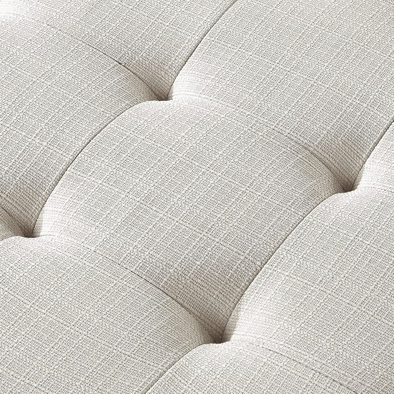 Large Rectangular Upholstered Tufted Linen Ottoman Bench, Padded Bench With Solid Wood Shelf-Ivory