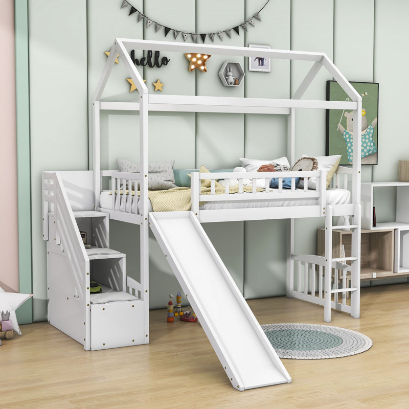 Twin Size Wooden Loft Bed with Slide and Storage, White