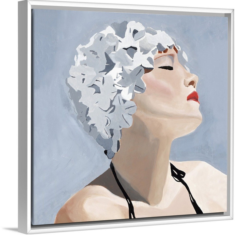 « nage cap ii », peinture sur toile, H 37,7 po x l 37,7 po x p 1,75 po, Cadre flottant blanc