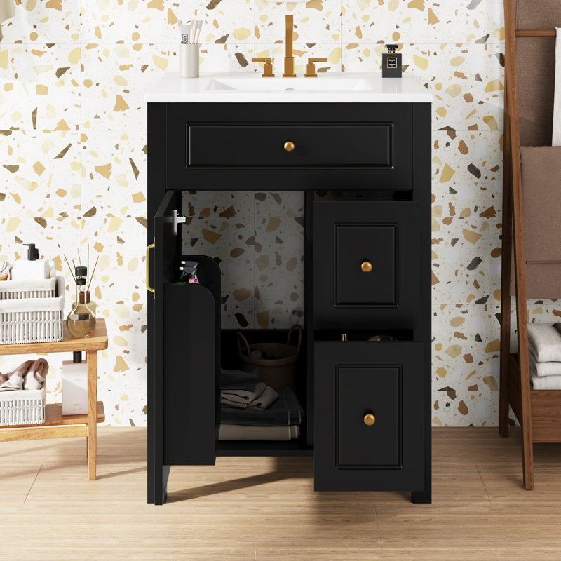 Meuble-lavabo simple 24 po avec plateau en céramique, Noir, noir, noir, noir