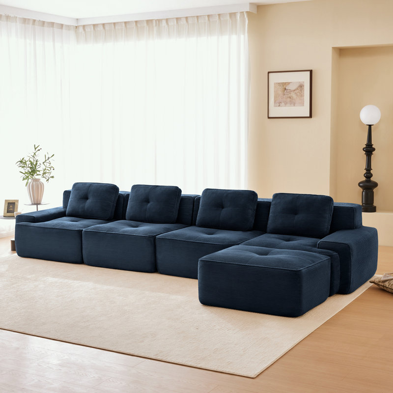 Canapé modulaire en L en velours côtelé avec coussin moelleux et repose-pieds mobile, Velours côtelé bleu