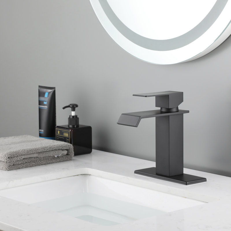 Single Handle Lavatory Sink Faucet - Waterfall Spout, Matte Black, Adjustable Temp Modern Style Bathroom Handle, Temperature