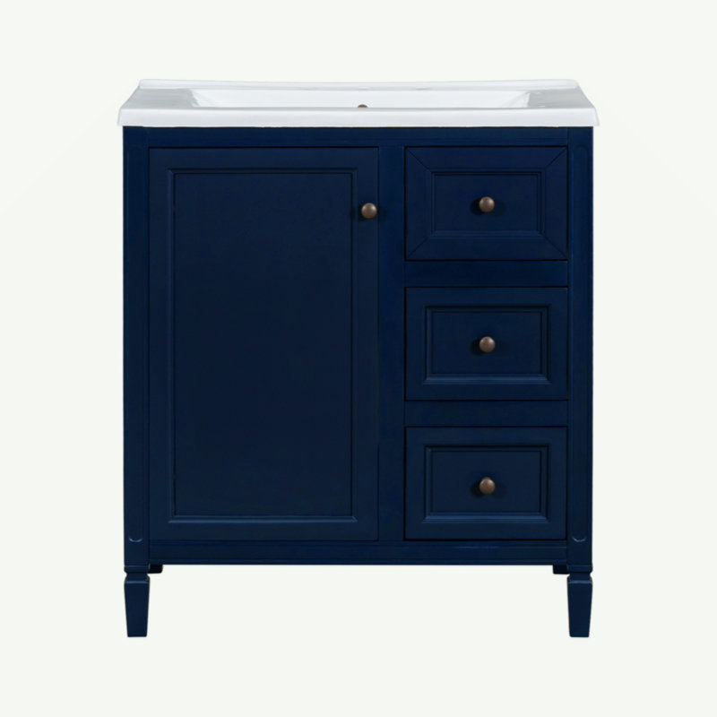 Meuble-lavabo de 30 pouces avec lavabo en céramique, trois tiroirs et deux tablettes de porte, Bleu