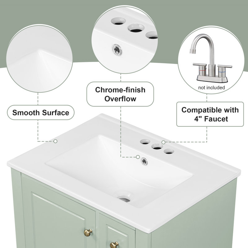 24"W Freestanding Bathroom Single Vanity with Ceramic Sink Top, Soft-Close Hinges and Drawers, Green, Gold