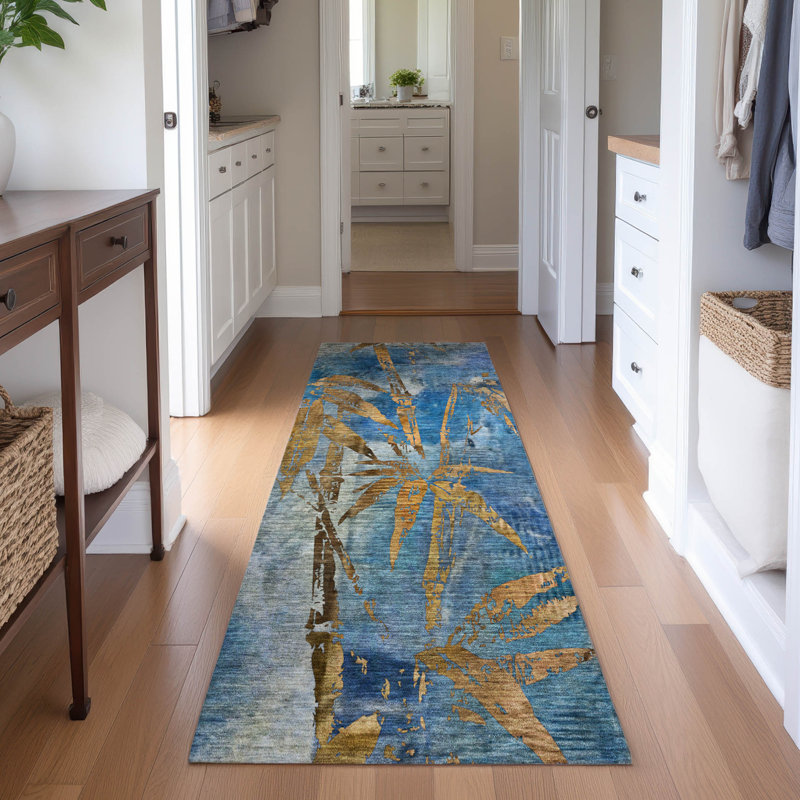 Premium Machine Washable Mayfield AMF2222 Botanical Rug, Blue, 2'3" x 7'6" Runner