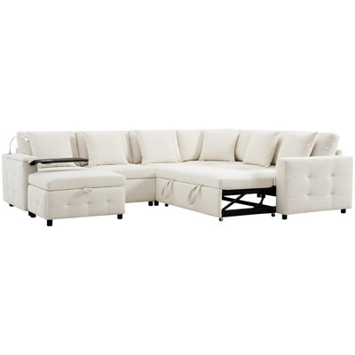 Lit modulaire surdimensionné en chenille surdimensionné de 117 * 90 po avec lampe de lecture réglable, deux ports de charge, table rabattable, rangement, 6 coussins, design pour une maison de retraite confortable et de type C, look, chenille,