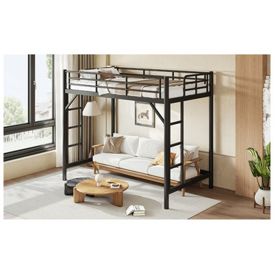 Twin XL Size Metal Loft Bed, Loft Bed with Easy Climbing Ladder and Guardrails , Black
