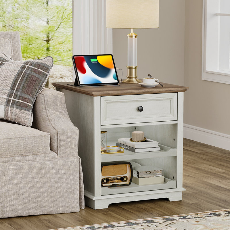 1 - Drawer Tray Monrovia With Storage and Built-In Outlets, Brown/White