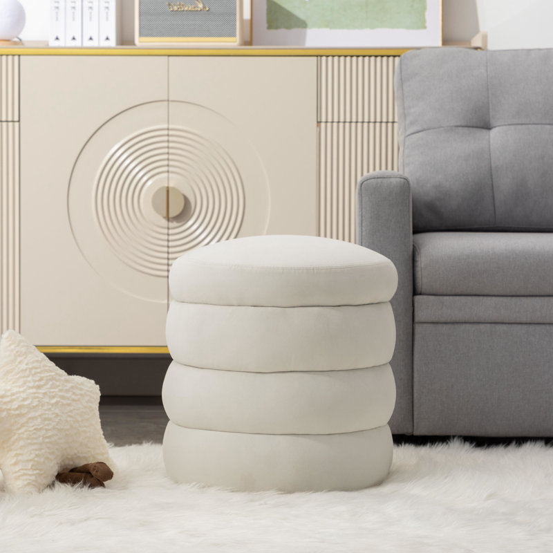 Hasset Round Footstool Ottoman, Soft  Round Ottoman, Footrest Stool, White Velvet