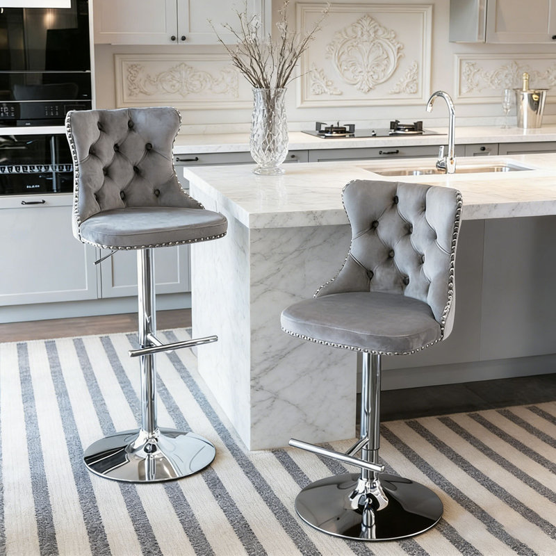 Swivel Velvet Barstools, Gray+sliver