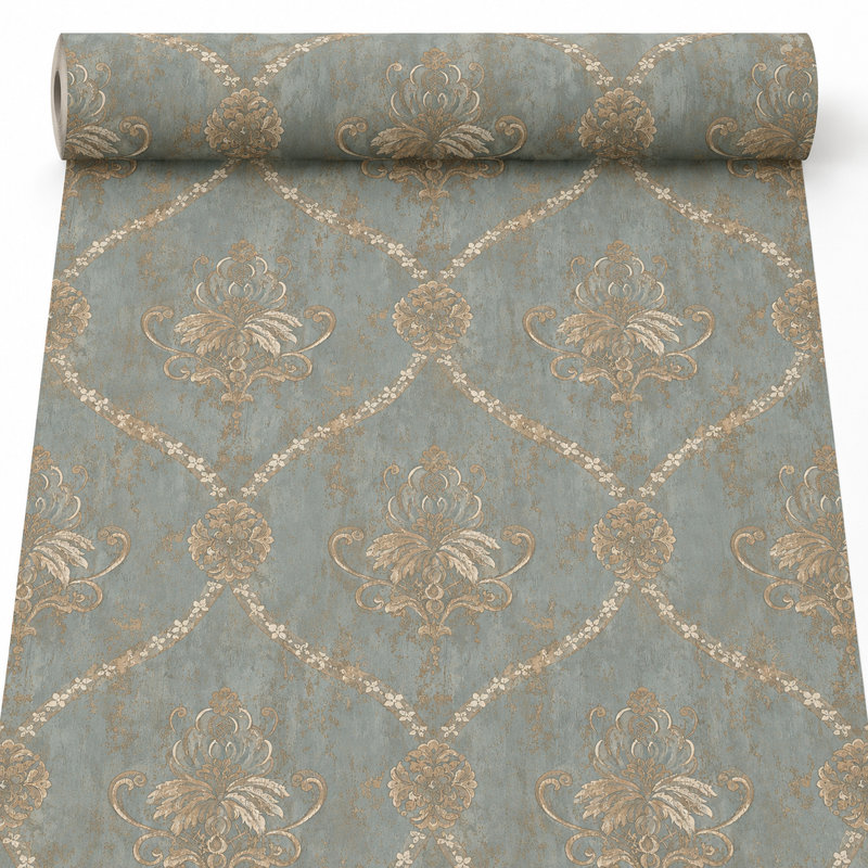 Noah 32.7' L x 20.5" W Distressed Damask Pre-Pasted Wallpaper Roll, Metallic Gold/Turquoise