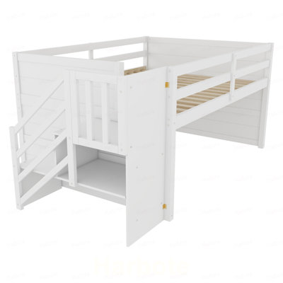 Structure de lit double pleine grandeur en bois massif avec escalier intégré, tiroir de rangement, tablette et lumière DEL 7 couleurs pour chambre d'enfant