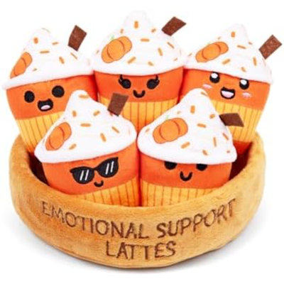 «Latte de soutien affectif» par des peluches d'automne attachantes, douces et câlines pour les amoureux de tous les âges, des cadeaux d'automne parfaits pour la rentrée scolaire et un compagnon de bureau de l'enseignant, comprenant 5 peluches de latte avec panier