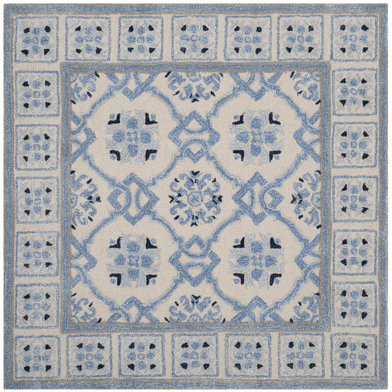 Cruz Hand Tufted Wool/Viscose Oriental Rug in Ivory Blue, Square 3'