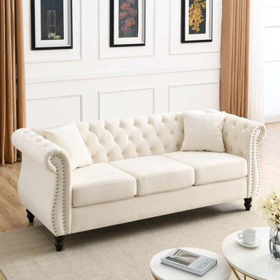 Canapé Chesterfield 80 po en velours pour salon, canapé 3 places capitonné avec accoudoirs roulés et têtes de clou pour salon, chambre à coucher, bureau, appartement, deux coussins