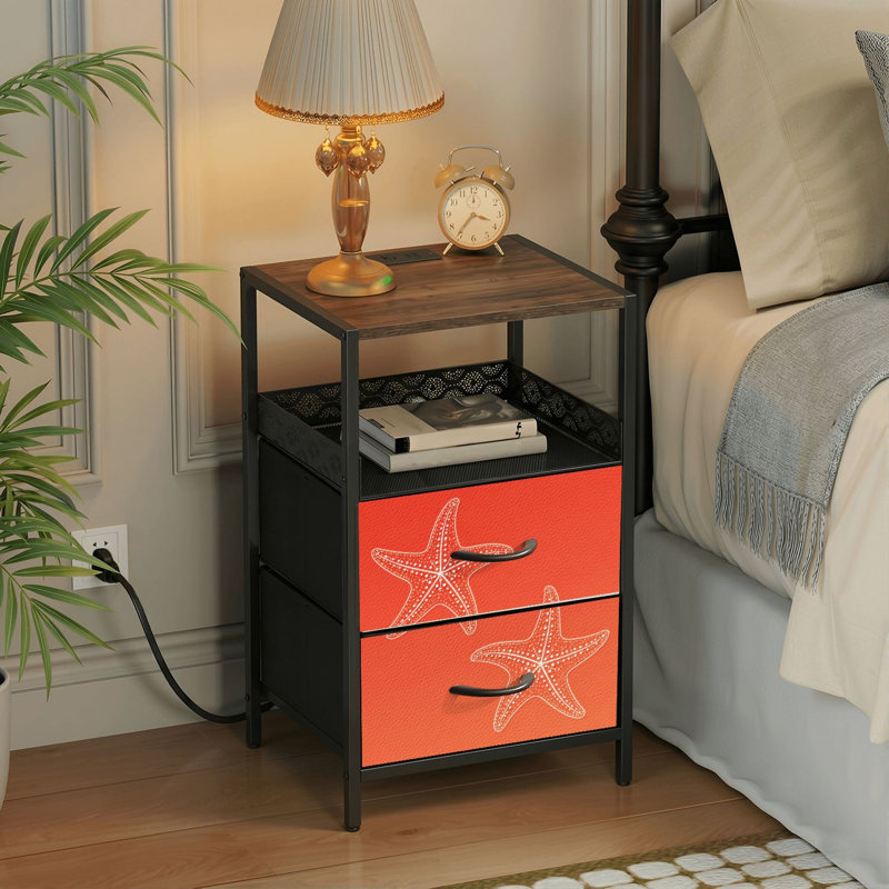 Table de chevet 2 tiroirs avec station de charge, table de chevet avec ports USB et amp; Table de chevet noire Outlet