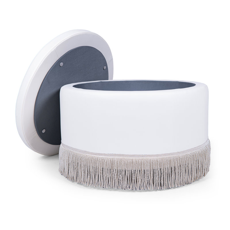 Fully Assembled Round Faux Leather Storage Ottoman with Tassel Trim, White PU Faux Leather