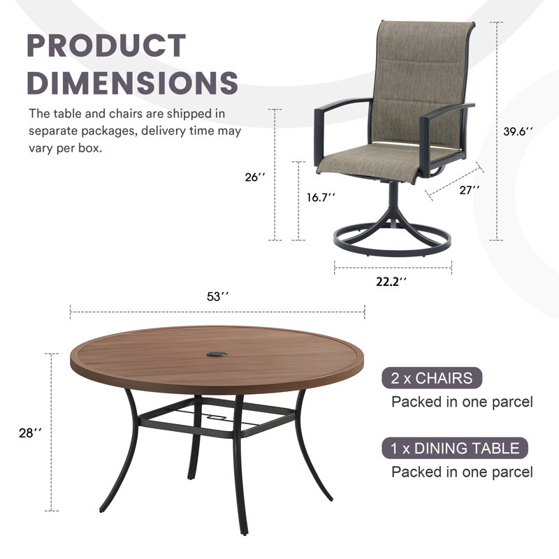 6-Person Patio Dining Set with 53" Round Metal Dining Table and 6 Padded Swivel PVC-coated polyester Chairs