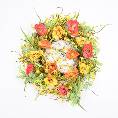 Artificial Farmhouse Twig Spring Summer Blossoms Cluster Greenery Eucalyptus Corn Poppy Floral Wreath for Front Door