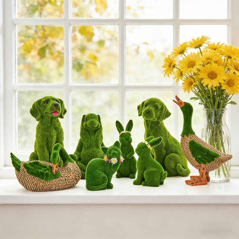 Ornement de jardin en forme de peluche de lapin 9,8 "7,3" vert 2 pièces avec couronne florale