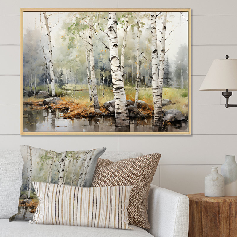 «Green Birch Wood Beauty I - Tree Birch», reproduction sur toile encadrée, 30" H x 40" W, Cadre flottant blanc