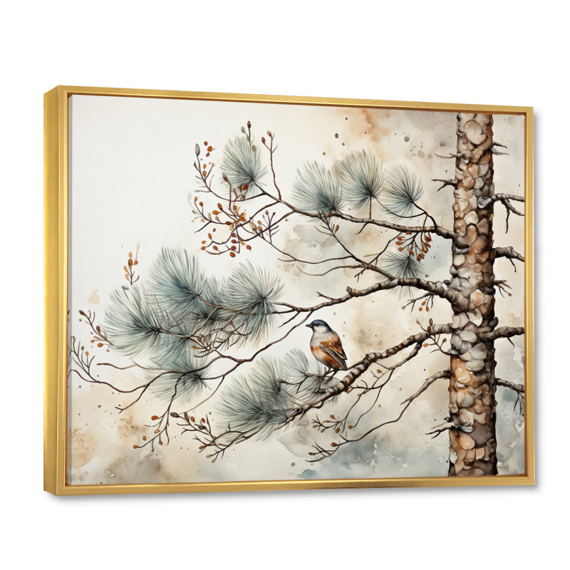 Décoration murale oiseau sur pin II, Cadre flottant doré, H 24 po x l 32 po x P 1 po