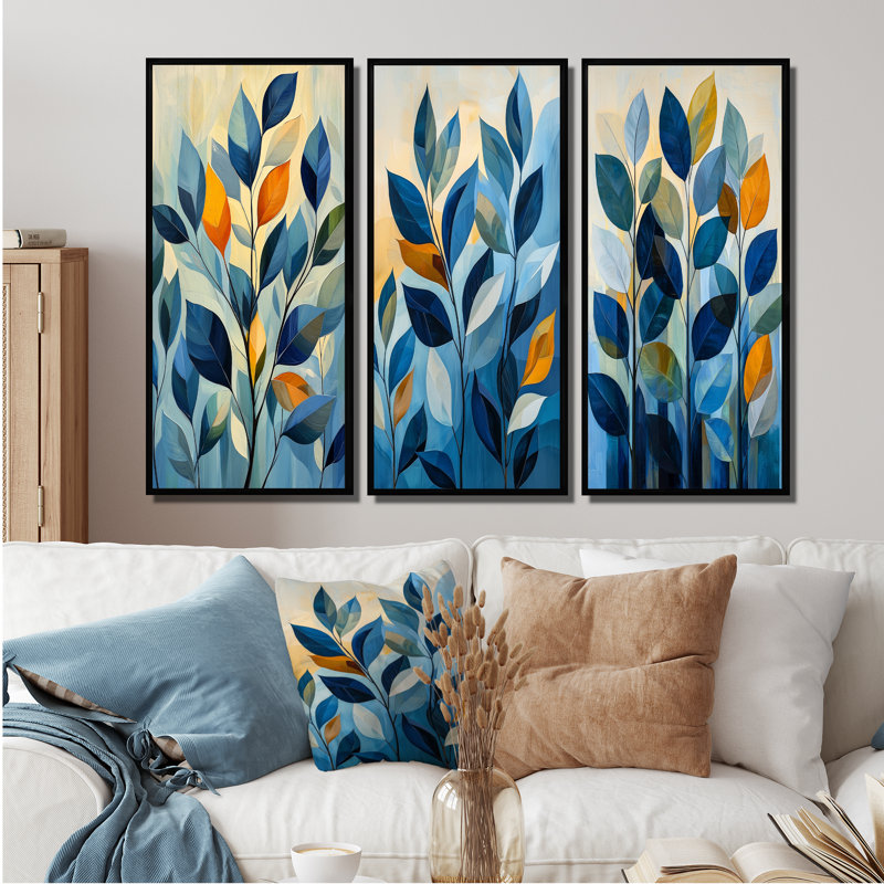 Midcentury Leaves I - Collection d'art mural minimalisme, H 28 po x l 36 po, Impression encadrée flottante, Noir