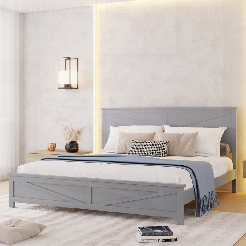 Lit très grand de style campagnard avec tête de lit et pied de lit de style grange, lit en bois de pin avec cadre de lit renforcé